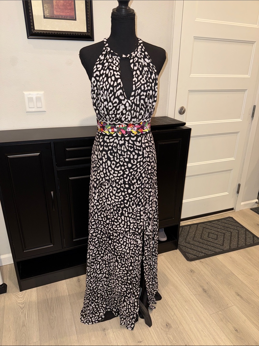 Nicole Miller Black and White Halter Maxi with Multicolor Floral Waistband 6